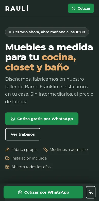 La página de Muebles Raulí en un celular