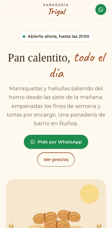 La página de Panadería Trigal en un celular