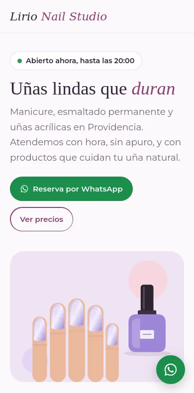 La página de Lirio Nail Studio en un celular